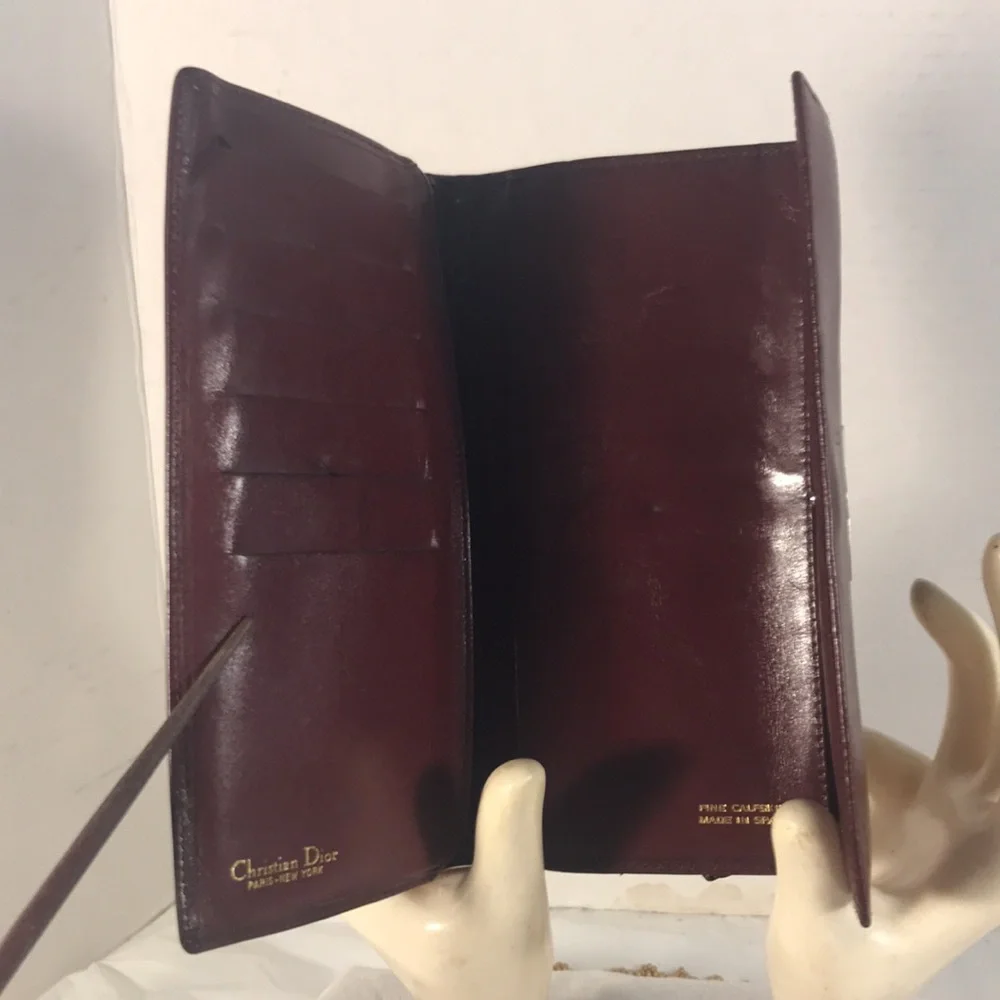Christian Dior Vintage Burgundy Leather Trifold Kiss Lock Clutch Wallet